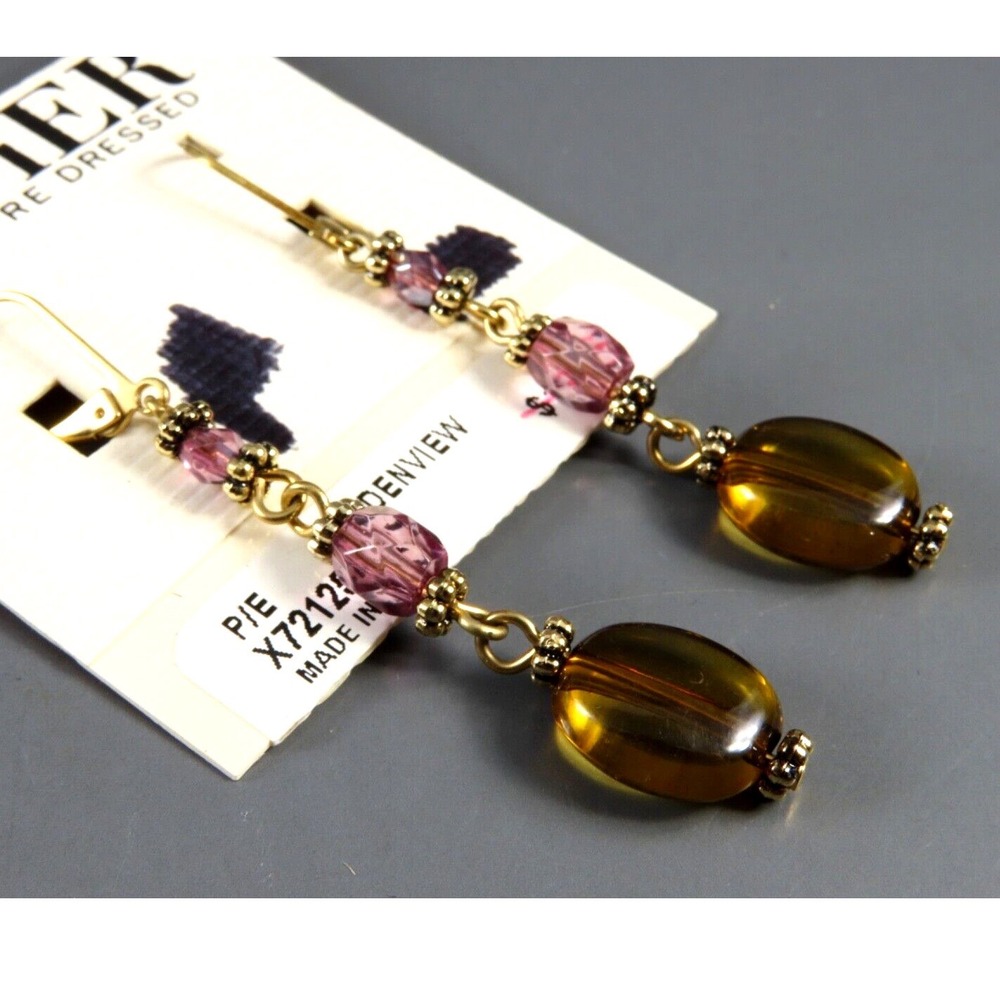 NWT VTG Napier Dangle Earrings GARDENVIEW Gold Tone AMBER & PURPLE CRYSTAL BEADS